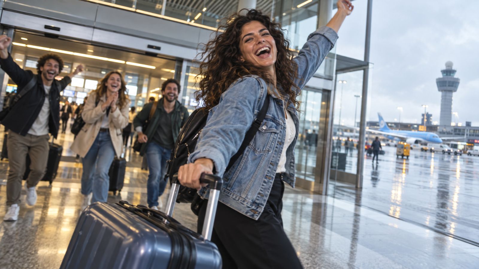 A young nurse arrives at Schiphol with her suitcase, cheering